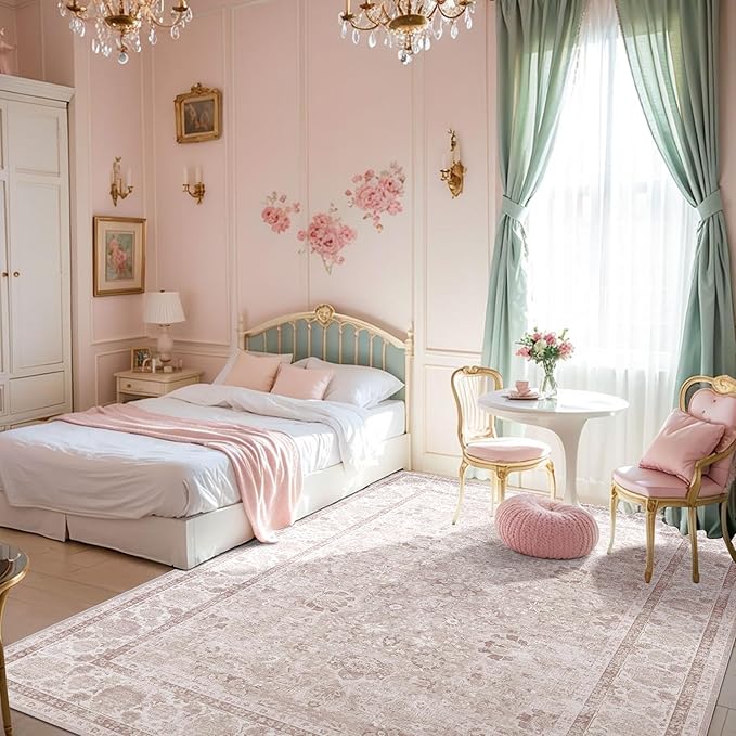 Pink Area Rugs 5x7 Nursery Rug for Baby Girl Neutral Floral Area Rug for Living Room, Vintage Boho Washable Rug Indoor Carpet for Bedroom Dining Room