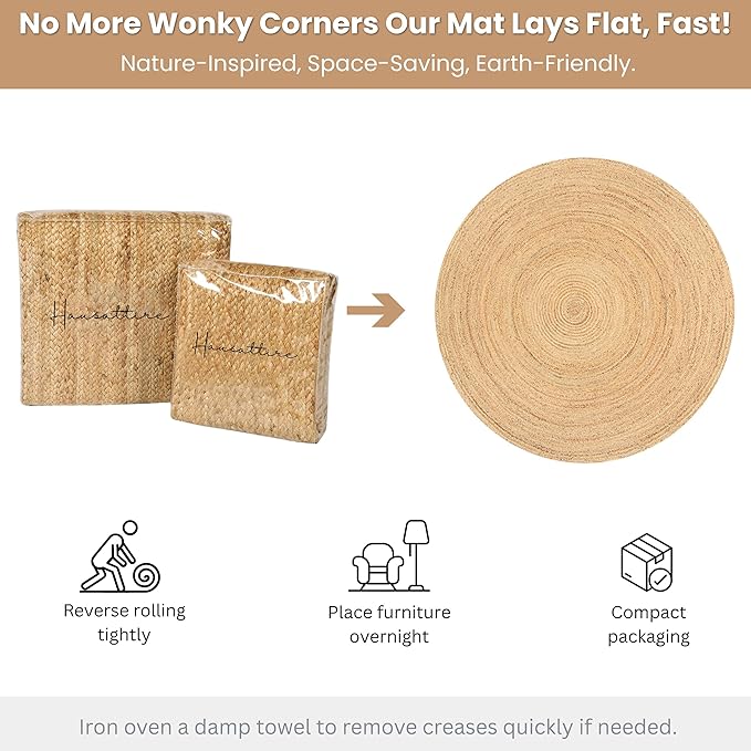 Hausattire Hand Woven Jute Braided Rug, 4??Round ??Natural, Reversible Boho Entry Area Rugs for Kitchen, Living Room I Farmhouse Decorative Floor Rug, 4 Feet Round