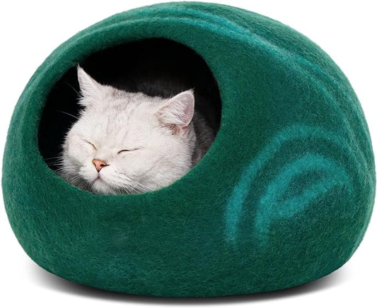MEOWFIA Cat Cave – Premium Felt Cat Bed for Indoor Cats, Handmade Merino Wool (Emerald, Medium)