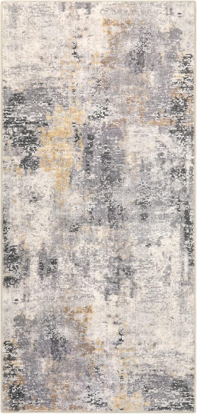 Lahome Modern Abstract Gray Bathroom Runner Rug, 2x4.3 Washable Laundry Room Runner, Soft Non Slip Low Pile Throw Carpet Runner for Entryway Kitchen Hallway Doorway Bedroom