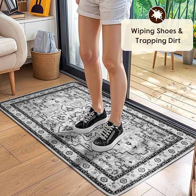 LBRO2M Rug for Entryway Indoor 2X3 Washable Rug Boho Design Door Carpet Throw Rugs for Kitchen Bathroom Non Slip Pet Friendly Area Rugs (2X3, Gray)