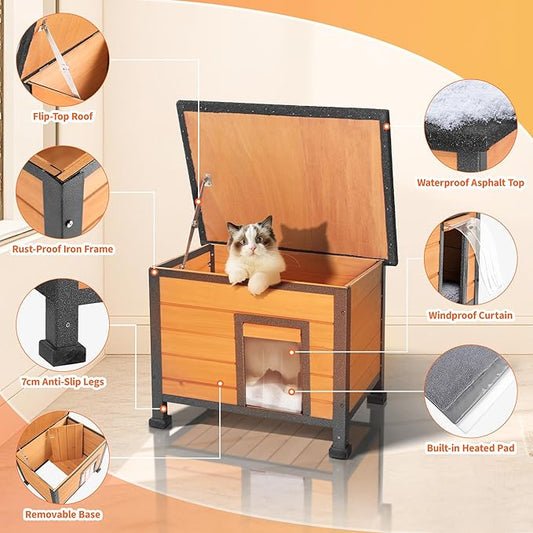Heated Outdoor Cat House with Heating Pad - Weatherproof Winter Insulated Shelter for Outdoor Cats with Escape Door & PVC Flap, All-Steel Frame and Wooden Construction, Brown