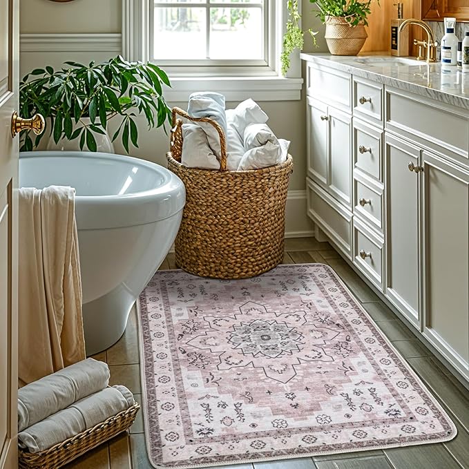 LBRO2M Rug for Entryway Indoor 2X3 Washable Rug Boho Design Door Carpet Throw Rugs for Kitchen Bathroom Non Slip Pet Friendly Area Rugs (2X3, Pink)