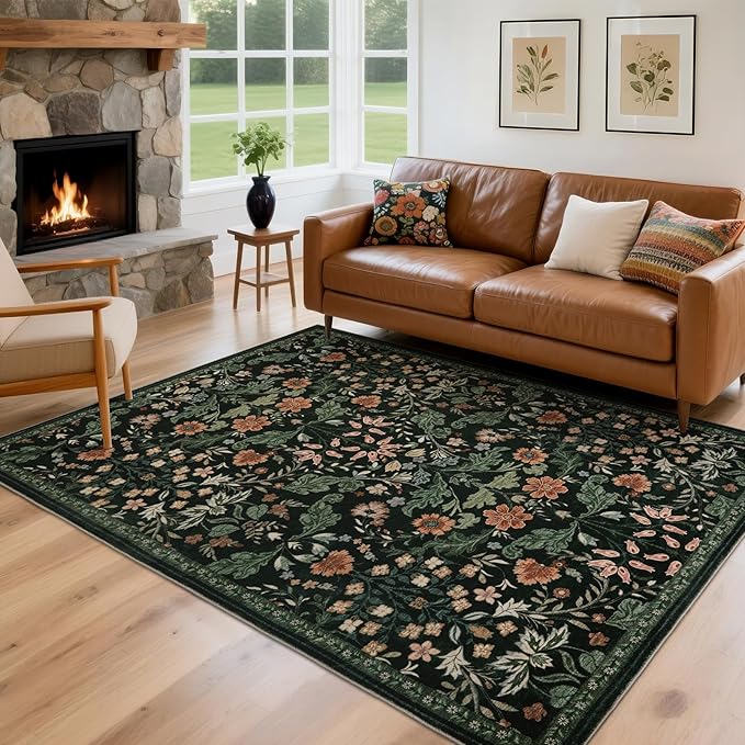 Floral Area Rug for Living Room: 8x10 Washable Soft Low Pile Thin Indoor Carpet, Non Slip Stain Resistant Vintage Flower Boho Accent Large Rugs for Bedroom, Dining, Home Office, Nursery - Black