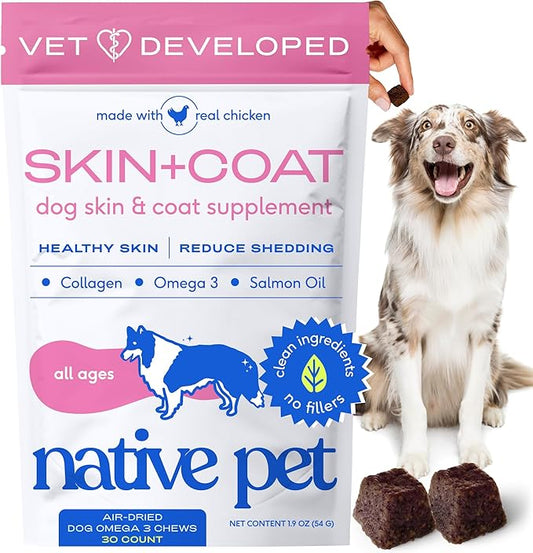 Native Pet Omega Skin and Coat Chews for Dogs - Dog Skin and Coat Supplement for Healthy, Shiny Fur, Reduce Shedding and Dry Spots - Made with Omega 3 Fish Oil and Wild-Caught Salmon Oil - 30 Chews