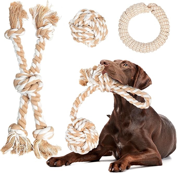 Fida Heavy Duty Dog Rope Toys for Aggressive Chewers 4pcs Pack – Natural Cotton Dog Chew Toys for Large Dogs, Tug-of-War & Fetch Rope Ball/Ring/Knot/Twist to Keep Them Busy