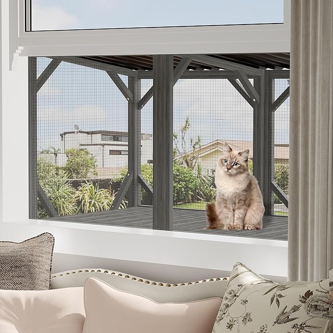 Cat Window Perch, Cat Catio for Large Indoor Cats, Outdoor Pet House Weatherproof, Catio Outdoor Enclosure, Space-Saving Pet Furniture for Window Naps and Sunbathing (Black+ Gray, 43.3)