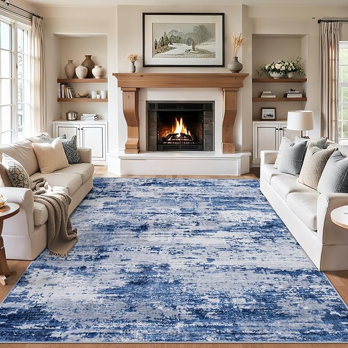 Area Rugs Living Room Rug - 4x6 Washable Modern Abstract Soft Neutral Non-Slip Carpet Large Indoor Floor Thin Carpets for Bedroom Dining Room Farmhouse Nursery Home Office Blue Gray