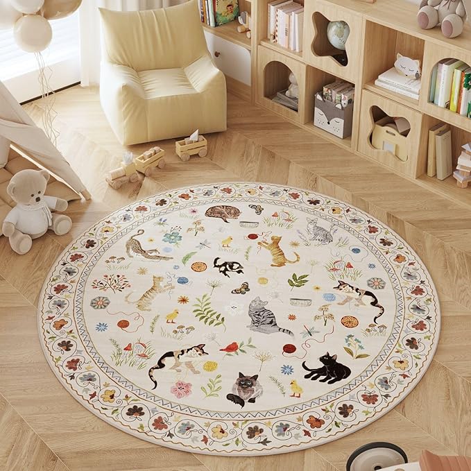Rugcomf Round Rug 6ft Washable Circle Rug Non Slip Low Pile Boho Floral Animal Cat Small Circular Rug for Bedroom Bathroom Entryway Kids Room Office College Dorm, Beige