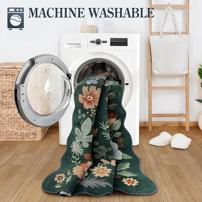 Lahome Floral Hallway Runner, 2X6 Washable Runner Rug Non-Slip, Ultra-Thin Soft Stain Resistant Boho Low-Pile Carpet for ‎Kitchen Laundry Bathroom Bedroom, Dark Green