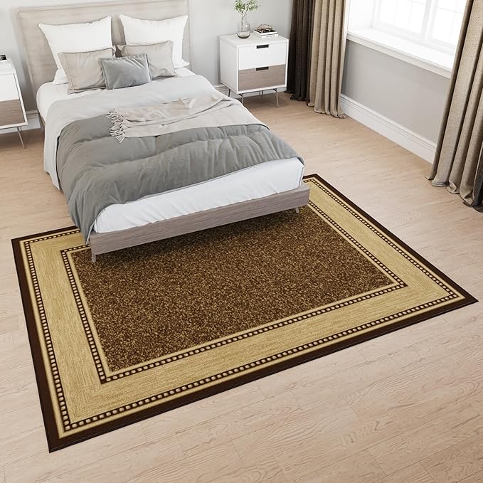 Ottomanson 5' x 6'6" Rugs for Living Room Border Area Rug for Bedroom - Non Slip Durable Large Floor Carpet for High Traffic Areas - Indoor Rug for Dining Room Kitchen Kids Playroom, Brown