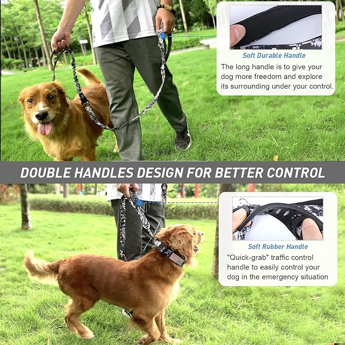 Hotsky Tactical Dog Leash Heavy Duty for Medium Large Dogs That Pull,4-6Ft Strong Bungee Shock Absorbing No Pull Dog Leash with Padded Double Handle and Car Seatbelt,ACU