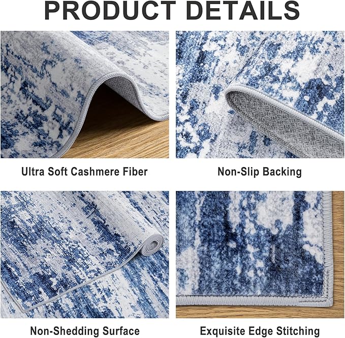 Area Rugs 9x12 Living Room - Washable Rug Modern Abstract Soft Large Neutral Non-Slip Carpet Indoor Floor Thin Carpets for Bedroom Dining Room Farmhouse Nursery Home Office Blue Gray