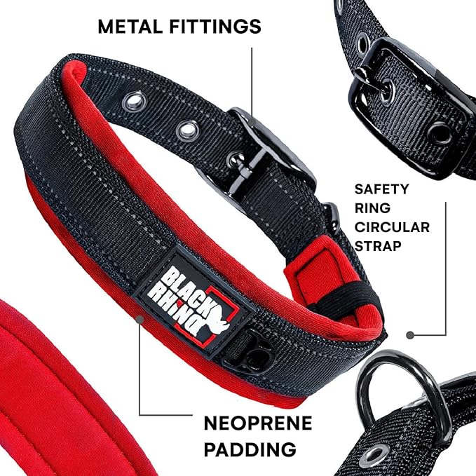 Black Rhino Large Dog Collar - Heavy Duty Adjustable Tactical Dog Collar with Reflective Stitching - 19"-23" Ultra-Soft Neoprene Padded and Weatherproof - Comfortable for Active Dogs - Red and Black