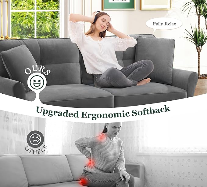 69" Loveseat Sofa, Velvet Small Couches for Small Spaces, Love Seat Couches with 2 Pillows, Tool-Free Setup Loveseats, 700lb Load Sofas for Living Room, Mini Couch for Bedroom, Comfy Sofa Couch, Grey