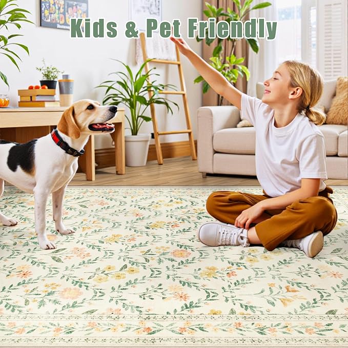 Area Rug Living Room Rugs: Floral 4x6 Washable Rug Vintage Soft Boho Non-Slip Carpet Stain Resistant Large Carpets for Bedroom Dining Room Farmhouse Nursery Hallway Home Office Beige/Multi