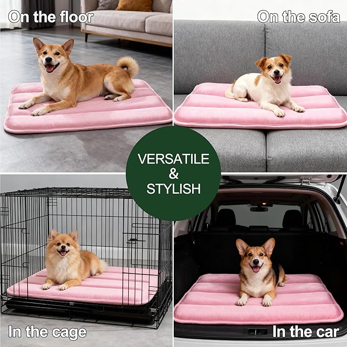 Dog Bed Mat, Reversible Dog Crate Pad with Washable Kennel Mat and Soft Foam, Flat Pet Bed for Dogs & Cats, for Crates Carriers & Travel (Pink, 28" L*16" W*1.5" Th)