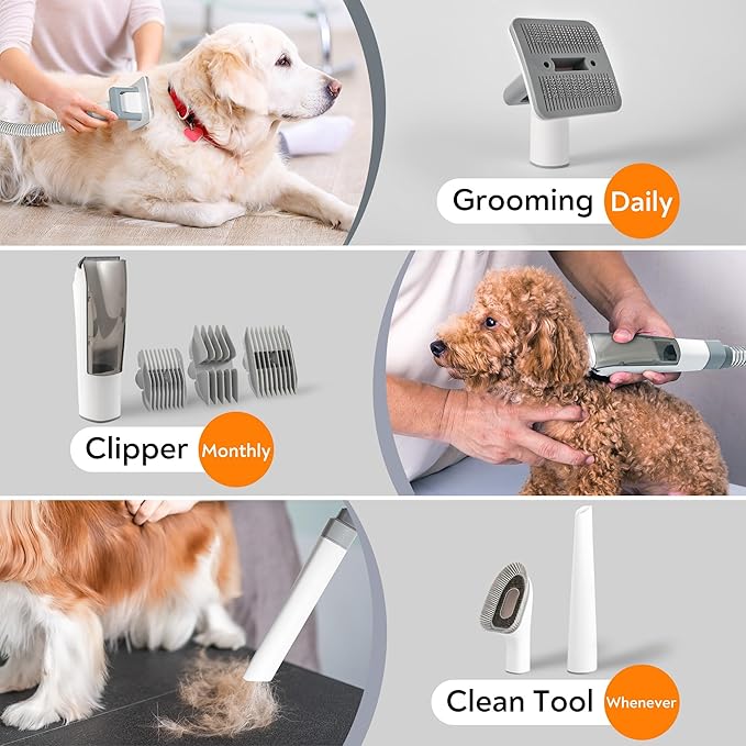 Pet Grooming Vacuum for Dogs & Cats, 12kPa Strong Suction, ≤50dB Quiet, 2L Dust Cup, 5-in-1 Grooming Kit with Ceramic Clippers, 6 Guide Combs, Vacuum for Shedding & Long-Haired Breeds