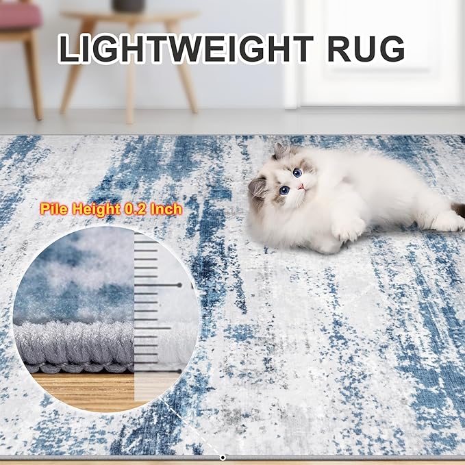 6x9 Area Rugs for Living Room - Washable Rug Modern Abstract Soft Large Neutral Non-Slip Carpet Indoor Floor Thin Carpets for Bedroom Dining Room Farmhouse Nursery Home Office White Blue Grey
