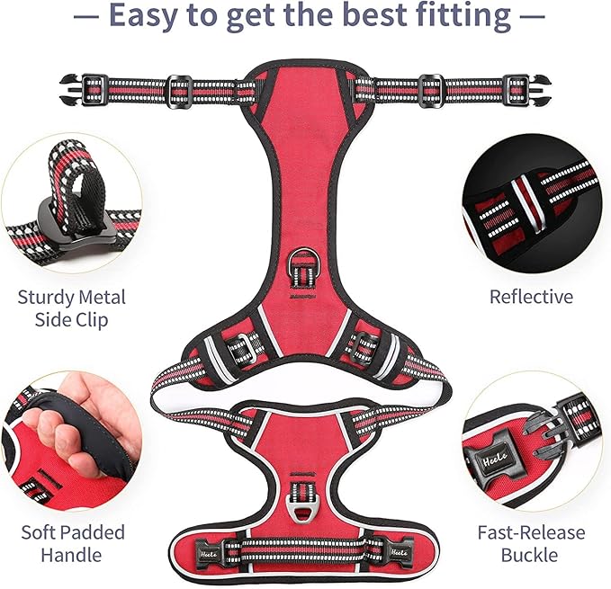 HEELE Dog Harness, No Pull Adjustable Padded Reflective Harness for Small Medium Large Dogs with Handle for Walking Training, Red, XL