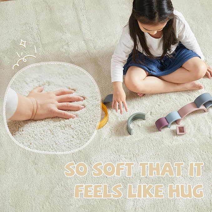 jinchan Solid Plush Area Rug 2x3 Performance Shaggy Washable Rug Indoor Entryway Doormat Soft Modern Faux Wool Cozy Non Slip Carpet for Living Room Kid Room Bedroom Nursery Ivory