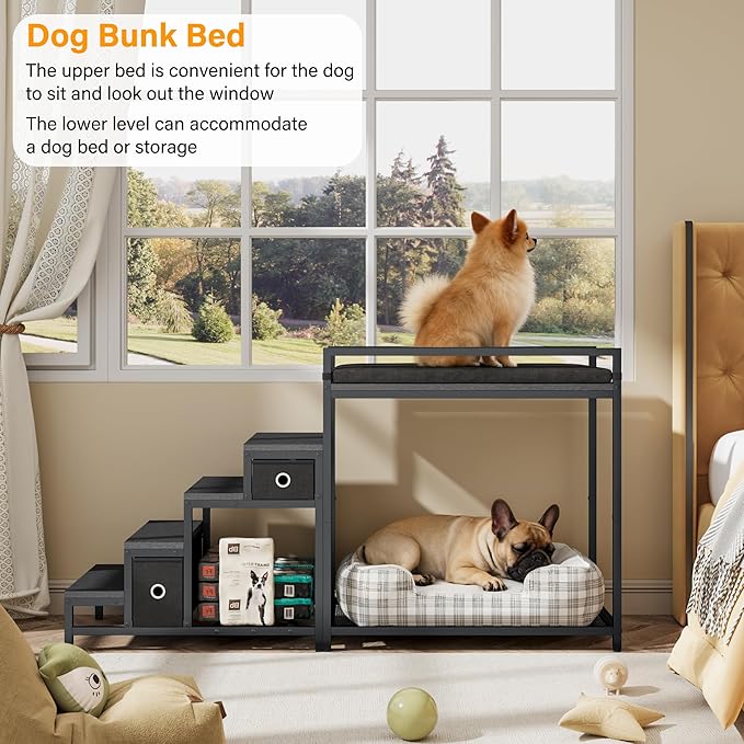 Pet Bunk Bed with Stairs and Storage, Dog Beds Attachment to Human Bed, Bedside Dogs Cot for Small, Medium Cats & Dogs, Pet Window Perch (Black)