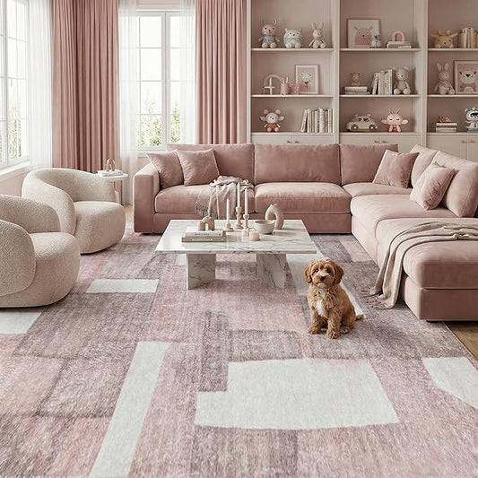8X10 Area Rugs Modern Abstract Large Carpet for Living Room Bedroom Dining Room Office Nursery, Non Slip Washable Pink Rugs 8X10 Geometric Pattern Thin 8 by 10 Indoor Home Decor Pet & Child Friendly