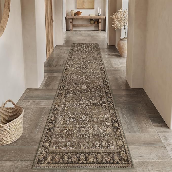 HUGEAR 2x8 Runner Rug Machine Washable Brown Hallway Area Rug Indoor Accent Rugs Floral Low Pile Carpet Soft Throw Rugs Bedroom Living Room Office Dining Kitchen Laundry Non Slip