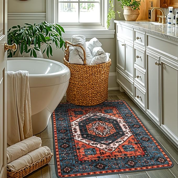 LBRO2M Rug for Entryway Indoor 2X3 Washable Rug Boho Design Door Carpet Throw Rugs for Kitchen Bathroom Non Slip Pet Friendly Area Rugs (2X3, Rust Teal)