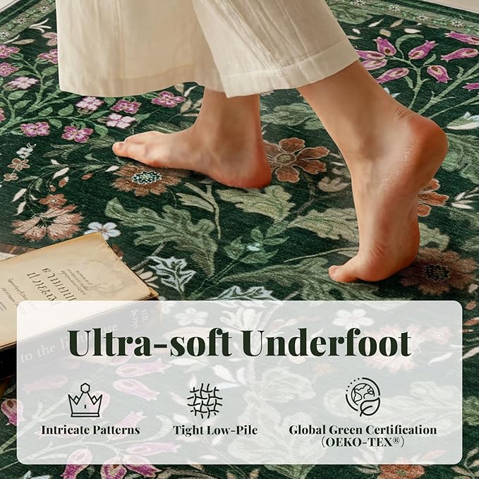 Floral Area Rug for Living Room: 4x6 Washable Soft Low Pile Thin Indoor Carpet, Non Slip Stain Resistant Vintage Flower Boho Accent Rugs for Bedroom, Dining, Home Office, Nursery - Green