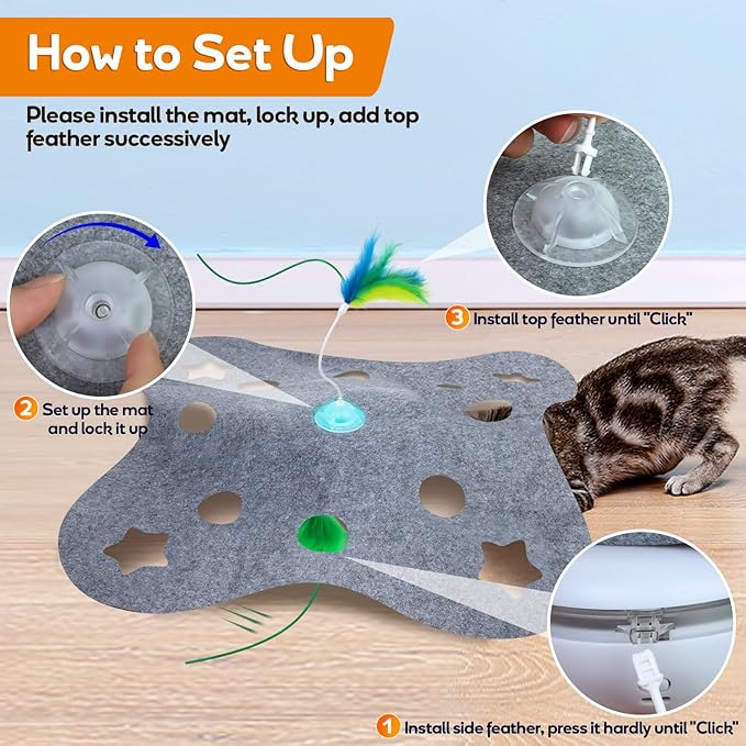 Interactive Cat Toys for Indoor Cats Exercise Toys Spin Feather Wand Tumbler Base, Touch Activate Mode Peek-A-Boo Felt Cover Toy Rechargeable