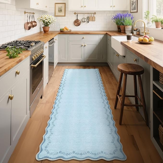 GarveeHome 2x6 Valentines Scalloped Washable Runner Rug for Kitchen, Soft Blue Hallway Runner Non Slip Entryway Rug Farmhouse Thin Laundry Mat Stain Resistant Carpet for Bedroom Bathroom Beside Rug