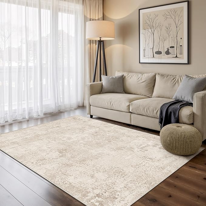 Art&Tuft Washable Rug, Anti-Slip Backing Abstract 4x6 Rug, Stain Resistant Rugs for Living Room, Foldable Machine Washable Area Rug (TPR53-Beige, 4'x6')