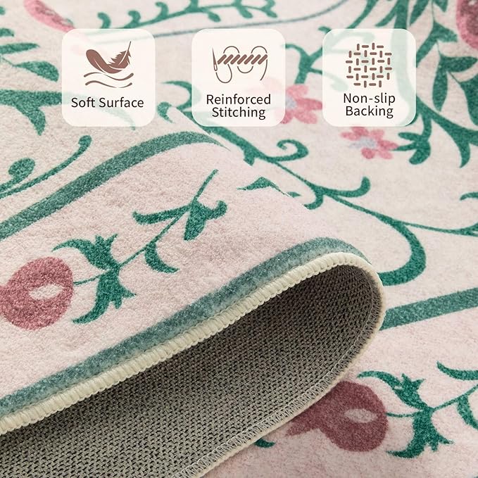 Pink Rug for Living Room Bedroom, Floral 6x9 Washable Rugs, Vintage Boho Style, Large Non Slip Flower Carpet for Indoor Dining Room, Girls/Nursery/Kids Room (Pink/Green 6x9ft)