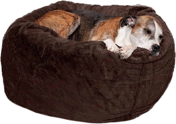 Furhaven Soft & Cozy Dog Bed for Large/Medium Dogs, Refillable w/ Removable Washable Cover & Liner, For Dogs Up to 55 lbs - Plush Faux Fur Bean Bag Style Ball Bed - Espresso, Large