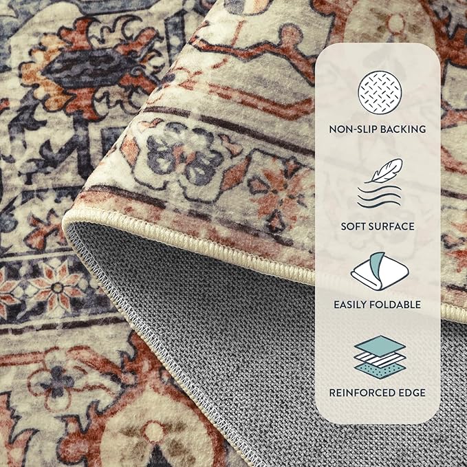 Lahome Oriental Washable Rugs 5x7, Soft 5x7 Rug for Bedroom Living Room, Ultra-Thin Non Slip Stain Resistant Vintage Throw Carpet for ?랣ining Room Office, Peach/Orange