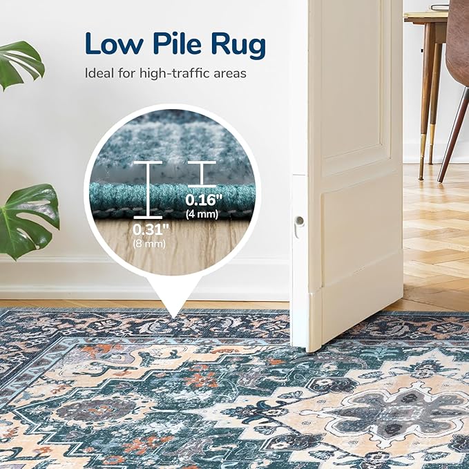 Lessymo 8 x 10 Area Rugs for Living Room, Machine Washable Area Rugs Boho Faux Wool Low Pile Area Rug for Bedroom, Floral Medallion Vintage Rugs with Non-Slip Rubber, Kid & Pet Friendly,Dark Green