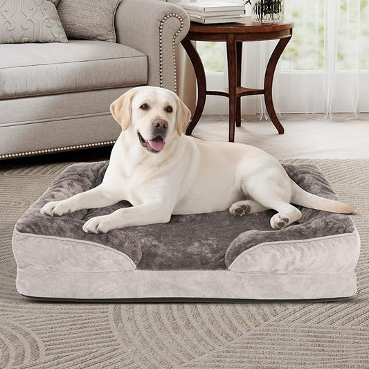 Dog Bed Waterproof Medium/Large Sized XL Foam Pet Beds Removable Washable Cover Dog Sofa Egg Crate Foam Support with Zipper Bottom Bolster Deluxe Plush Mat (34.6x26x7.5in+Grey)