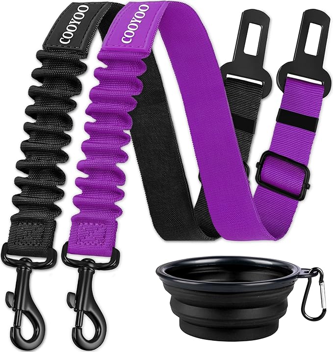 COOYOO Dog Seat Belt,3 Piece Set Retractable Dog Car Harness Adjustable for Vehicle Nylon Pet Safety Heavy Duty & Elastic