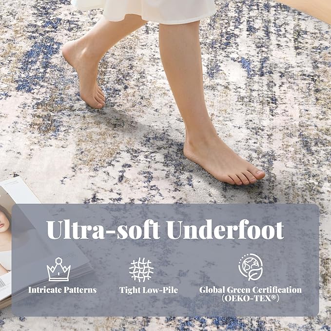 Area Rug Living Room Washable Rugs: 6x6 Modern Neutral Abstract Low Pile Non Slip Floor Carpet - Large Soft Thin Stain Resistant Rug for Bedroom Dining Indoor Office Home, Blue Brown