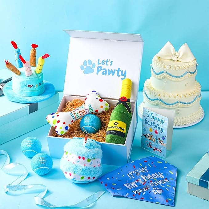 10 Pcs Dog Birthday Toy Set Dog Birthday Cake Bone Wine Bottle Hat Bib Ball Card Ribbon Plush Pet Gifts for Small Medium Puppy Squeaky Dogs Pet Toy Party Supplies(Blue)