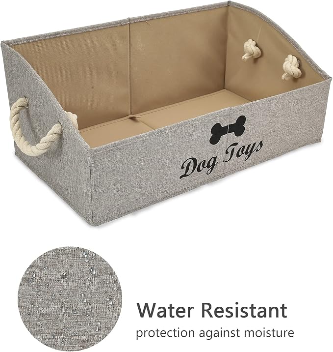 Geyecete Large Dog Toys Storage Bins - Foldable linen Trapezoid Organizer Boxes with weave Rope Handle, Collapsible Basket for Shelves (Light Brown-DOG)