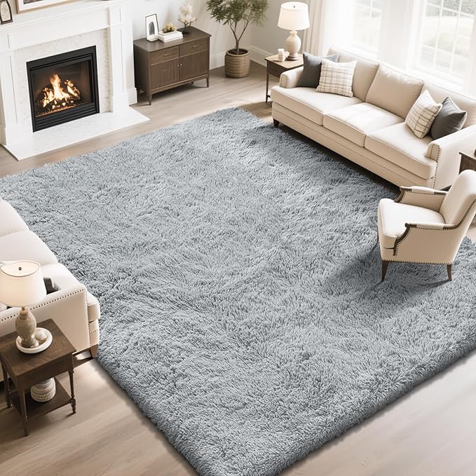 Fluffy Rug Shaggy Area Rug, Grey 8x10 Area Rugs for Living Room, Large Shag Area Rugs for Bedroom Kids Room Home Decor, Upgrade Anti-Skid Rectangular Fuzzy Rugs