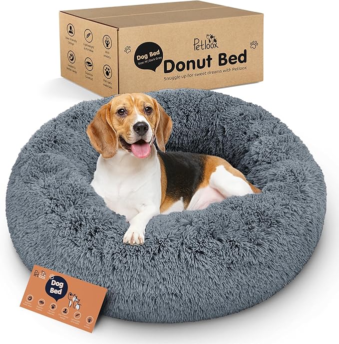 Donut Dog Bed - Premium Comfort for Anxiety Relief - Fluffy & Calming Design with Ultra-Plush Support | Cozy Round Dog Bed with Super Soft Circle Style (Dark Grey, Medium)
