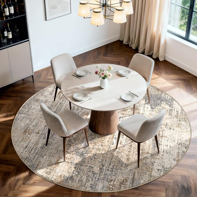 Area Rug Living Room Washable Rugs: 6x6 Modern Neutral Abstract Low Pile Non Slip Floor Carpet - Large Soft Thin Stain Resistant Rug for Bedroom Dining Indoor Office Home, Brown Grey