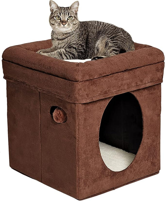 MidWest Homes for Pets Feline Nuvo Curious Cat Cube, Foldable Pet Hideout with Toy, Bolstered Bed Top, Faux Brown Suede, Synthetic Sheepskin