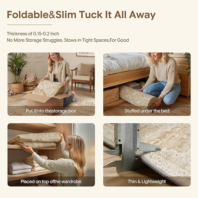 HUGEAR Machine Washable Area Rugs 5x7 Vintage Beige Brown Living Room Bedroom Rug Neutral Style Non Slip Stain Resistant Low Pile Throw Carpet for Home Retro Aesthetic Modern Decor
