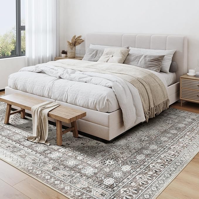 Washable Rug 8x10 Area Rugs for Living Room - Stain Resistant Non-Slip Backing Rugs for Bedroom - Vintage Large Area Rug (Brown/Beige, 8'x10')