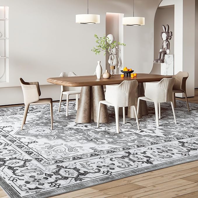 Lessymo Area Rugs 9x12 Living Room- Large Area Rug Machine Washable Area Rug for Bedroom Living Room, Vintage Rugs Boho Floral Medallion, Non-Slip Rubber, Low Pile, Kid & Pet Friendly, Grey White