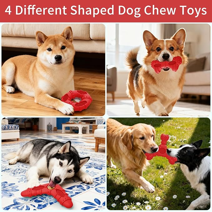 Dog Chew Toys 4 Pack, Dog Toys for Aggressive Chewers Small Medium Breed, Multifunctional Teeth Cleaning and Gum Massage, Natural Rubber Dog Toys for Puppy and Medium Dogs(Red)